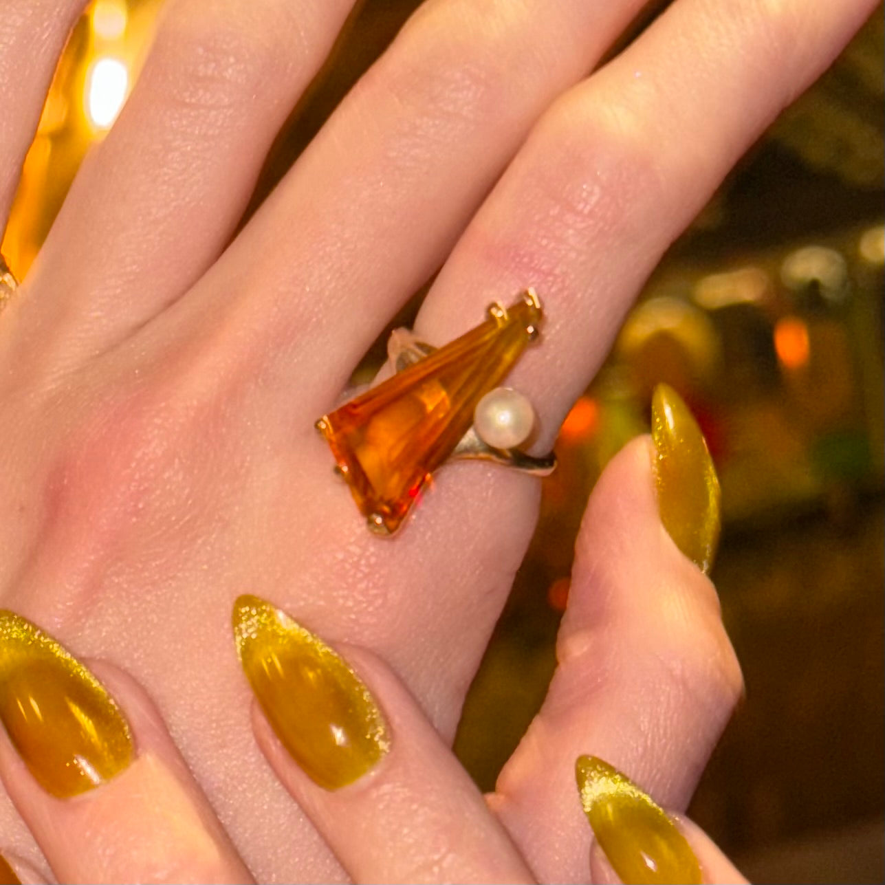 Vintage Citrine & Pearl Ring 10K Yellow Gold