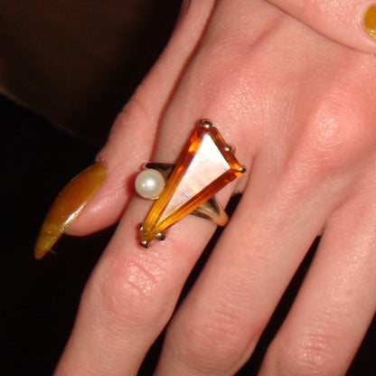 Vintage Citrine & Pearl Ring 10K Yellow Gold