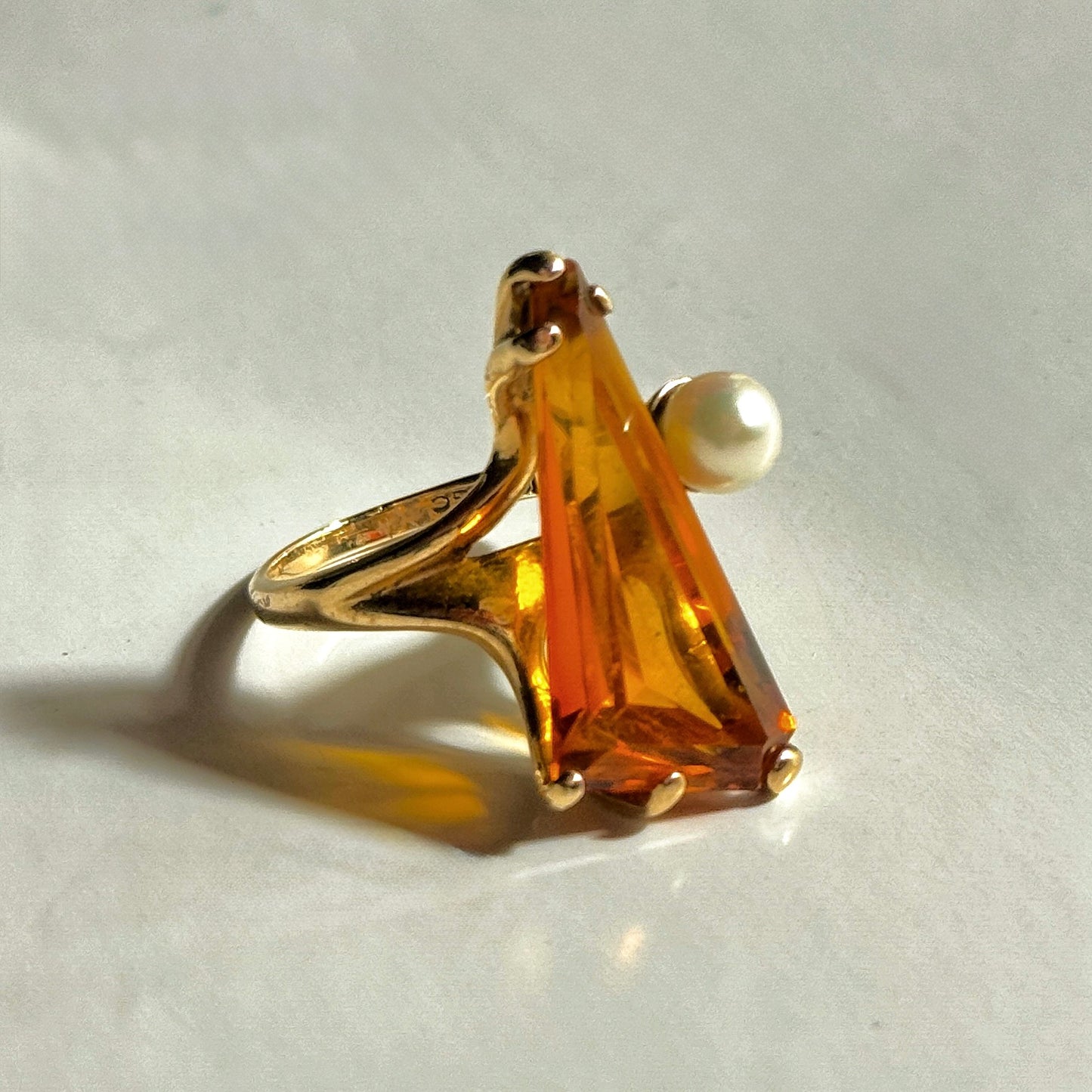 Vintage Citrine & Pearl Ring 10K Yellow Gold
