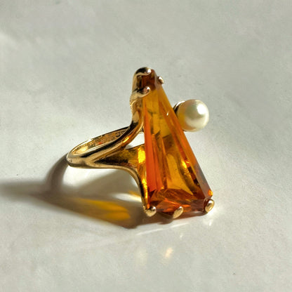 Vintage Citrine & Pearl Ring 10K Yellow Gold
