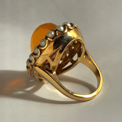 Vintage Amber & Pearl Ring 14K Yellow Gold