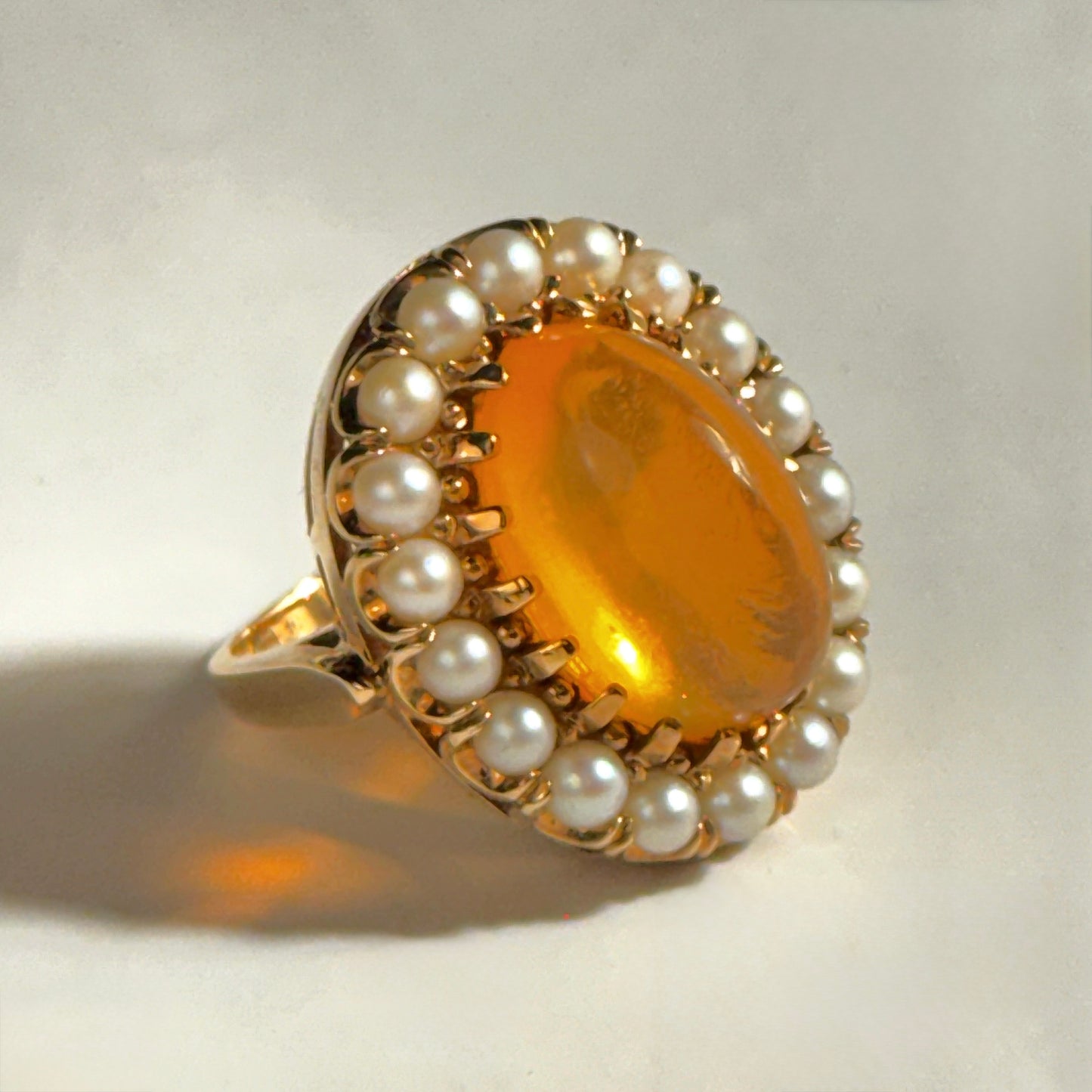 Vintage Amber & Pearl Ring 14K Yellow Gold